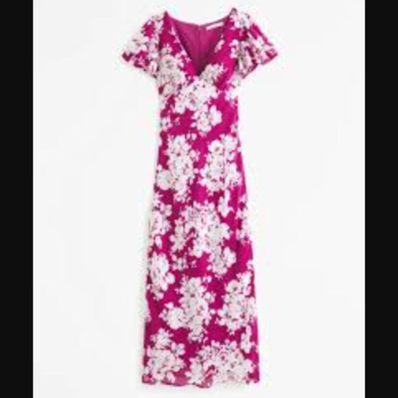Abercrombie & Fitch Fuchsia Floral Ruffle Sleeve Slip Maxi Dress Sz XLT $130.00 - Picture 1 of 10